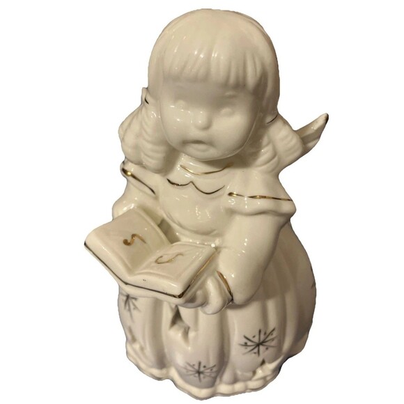 Christmas Caroling ceramic Angel Tea-light candle holder with stars gold trim 7’ - Picture 3 of 15